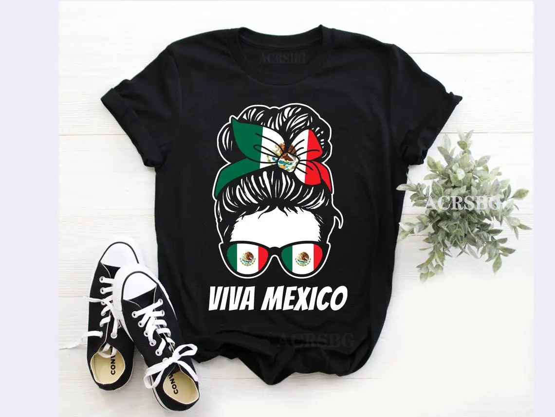 

Viva Mexico Messy Bun Bandana Glasses Mexican Flag T Shirt Wife Mom Nurse Novelty Women Tee Shirts Too Legit to Split Blouses