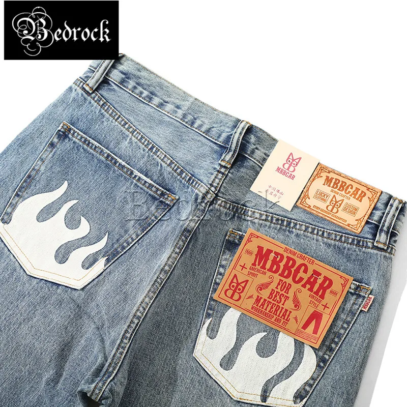 MBBCAR 14oz raw denim washed flame embroidery printing selvedge jeans men loose straight leg pants high street old vintage jeans