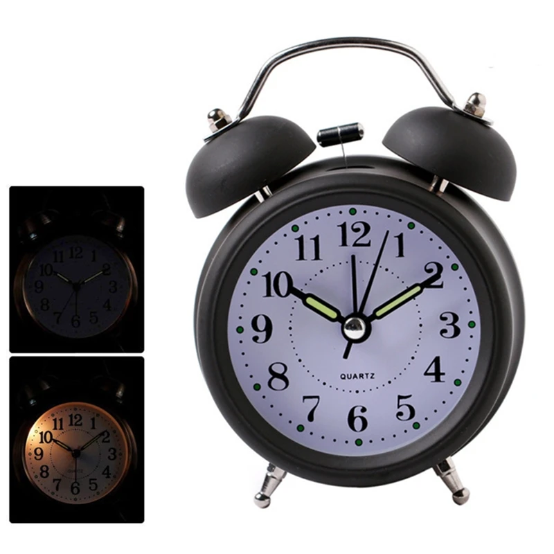 Retro Loud Alarm Clock Double Bell Mechanical Key Wound Silent Pointer Alarm Clock Night Light