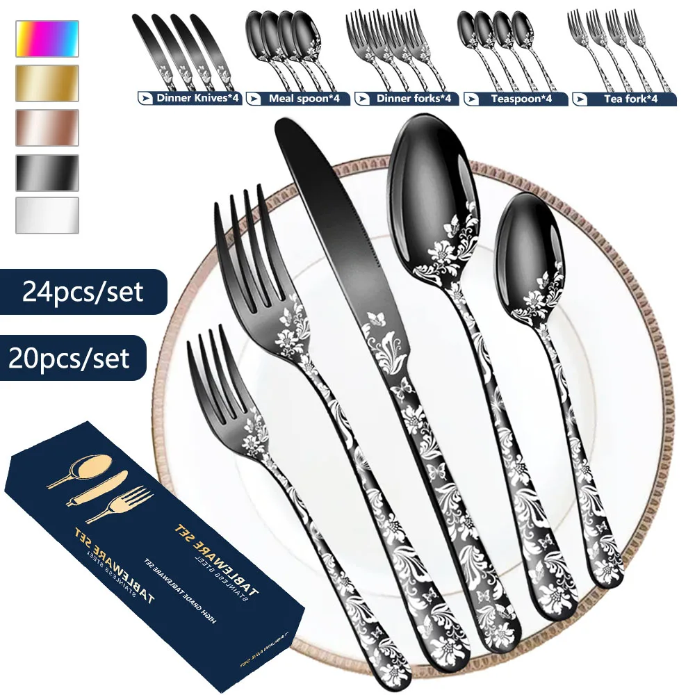 

20/24Pcs Silverware Set for 4/5 Stainless Steel Cutlery Set Western Steak Dinnerware Set Family Knife Fork Spoon Set Tableware