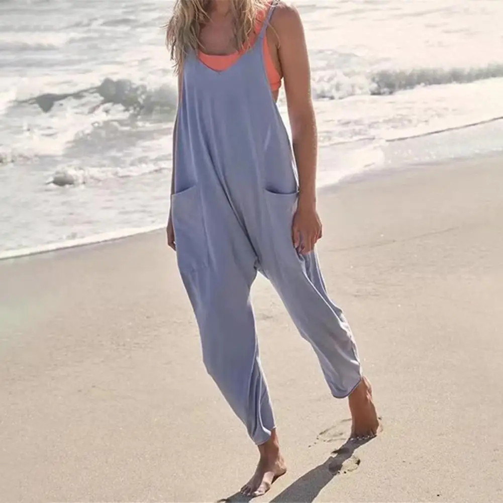 

Romper Overalls Large Pocket Back Zipper Solid Color Loose Long Trousers Casual Wear Sleeveless Summer Jumpsuits Ladies Siamese