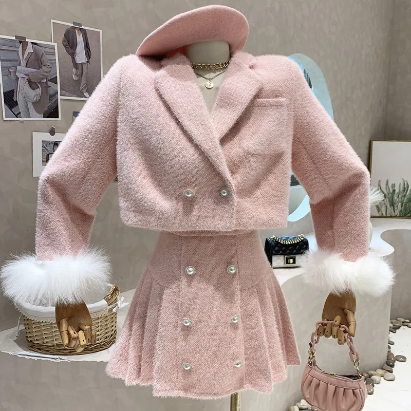 

New in Women's Clothing 2022 Winter Sleeves plush woolen short top coat thickened pleated skirt Two piece set