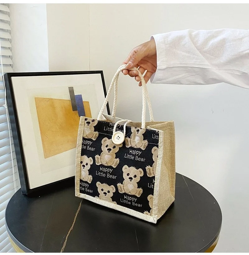 

Миниатюрная Холщовая Сумка-тоут на плечо для женщин, повседневные сумки с медведем, мягкие сумки для покупок маленькой вместимости, милые ш...