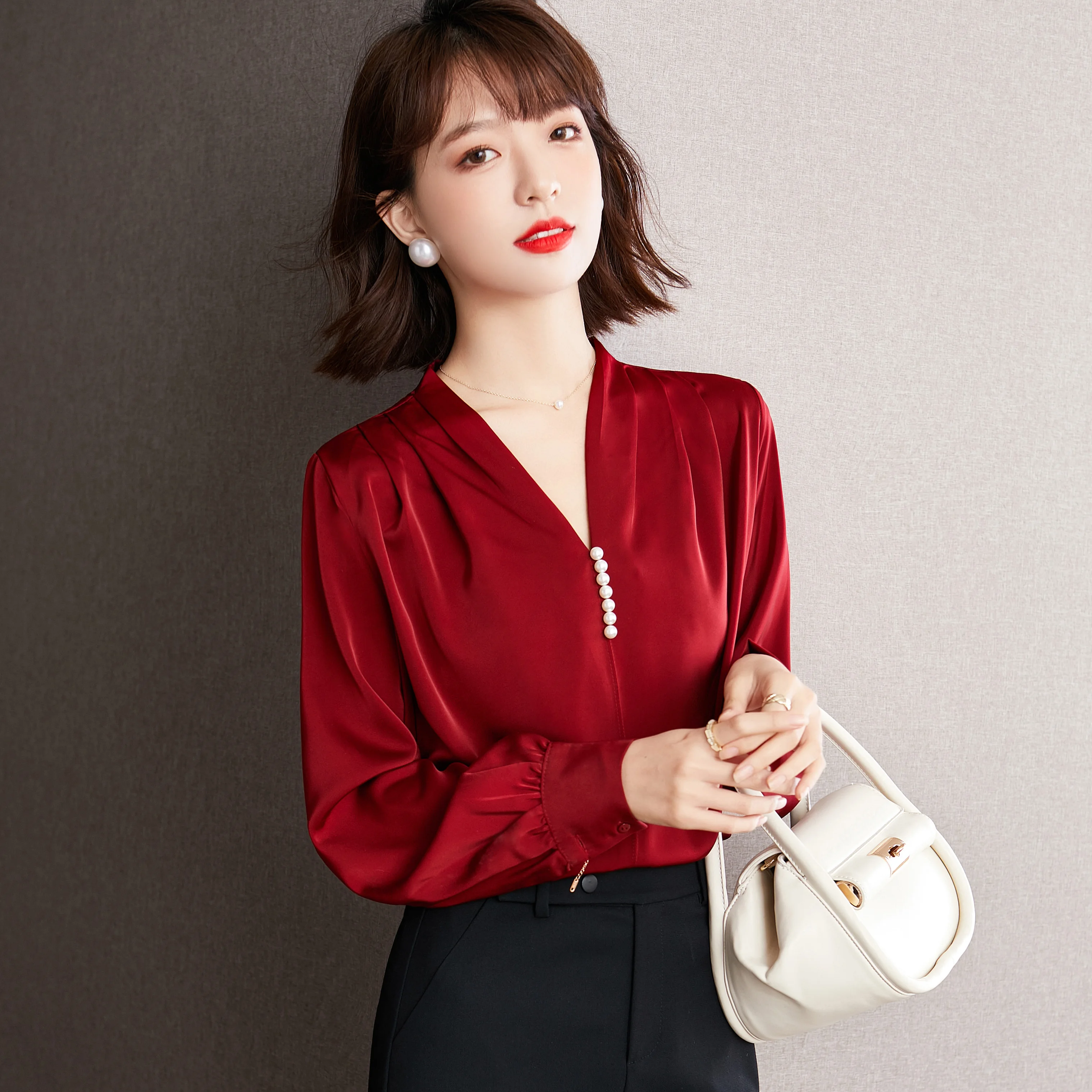 

2021 autumn new style Korean fashion V-neck pullover long-sleeved shirt top chiffon shirt womens tops