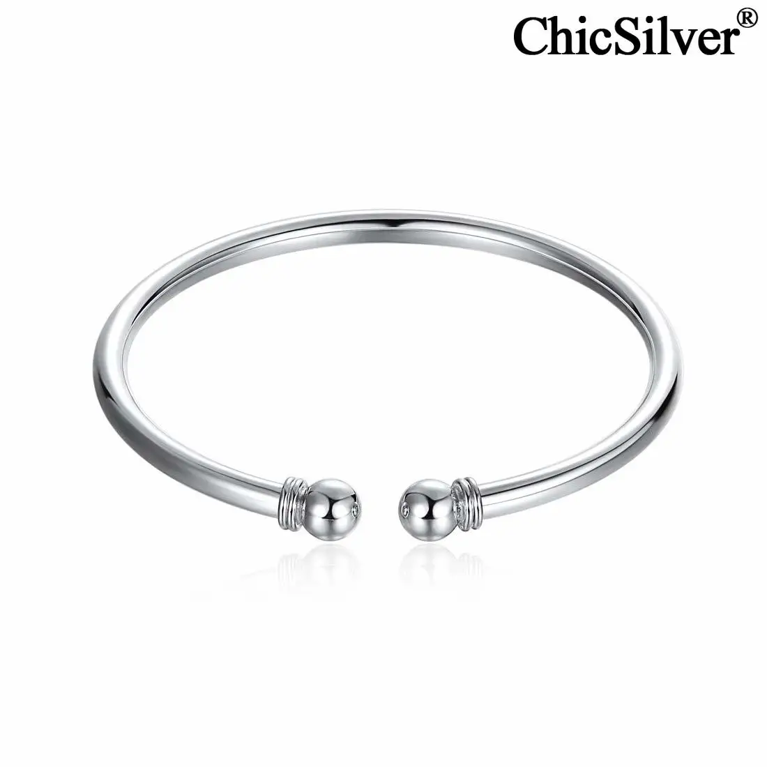

ChicSilver 925 Sterling Silver Bangle Bracelet for Women Men Fashion Simple Open Bangles Adjustable Two Bead Cuff Jewelry Gift