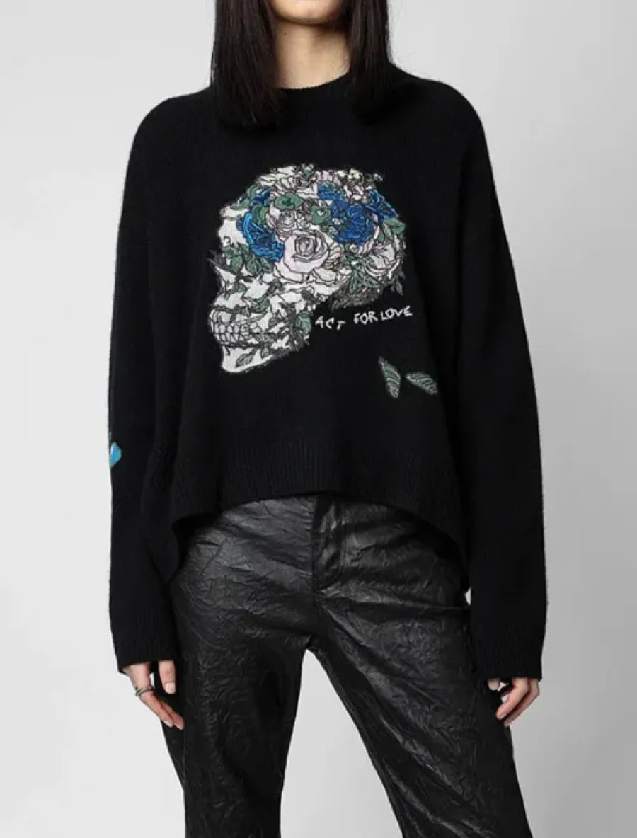 

Women's Sweater Floral Skull Embroidery Long Sleeve Loose Knitted 100% Cashmere Pullover
