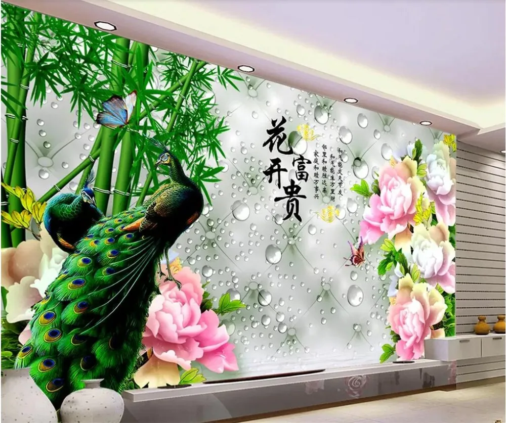 

3d обои на заказ, объемные резные цветы из нефрита, павлина, пиона, настенная живопись, 3d обои