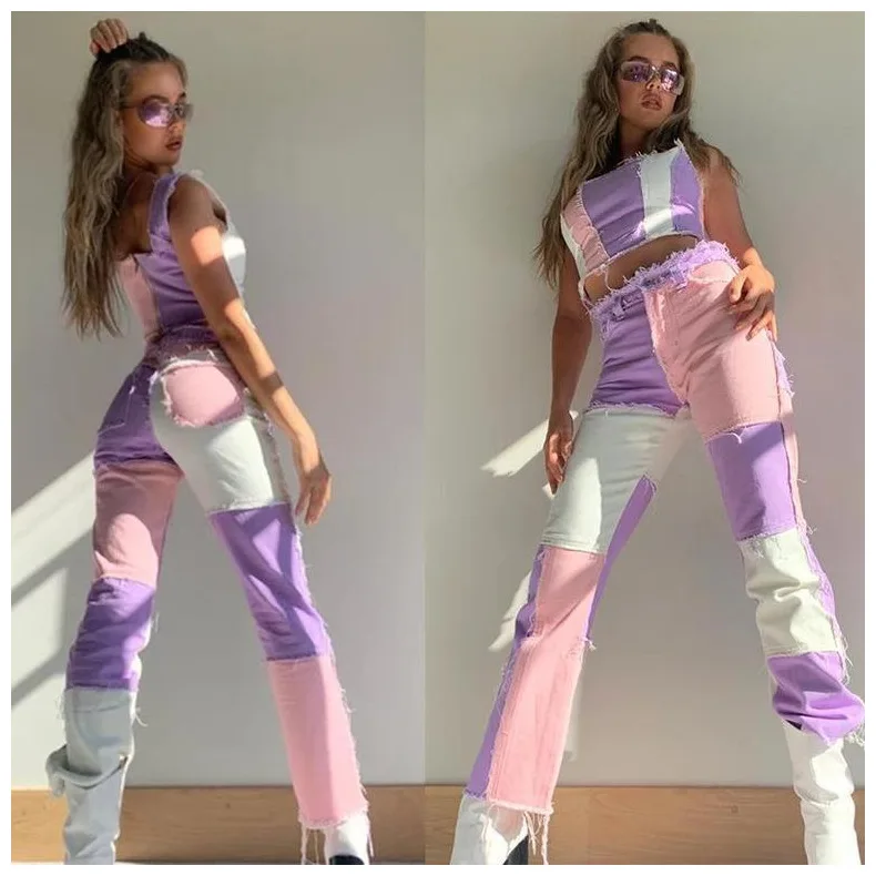 

Spring and summer 2023 trend mixed color splicing high waist straight leg jeans color contrast casual trousers for women