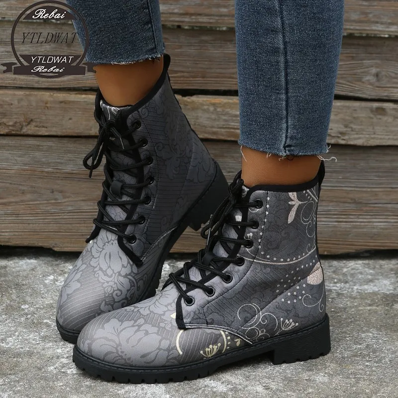 

Digital Print Autumn Lady High Top Skull Pattern Boot 2022British PU Women's Fashion Work Boots Woman Shoes High Heels Sexy