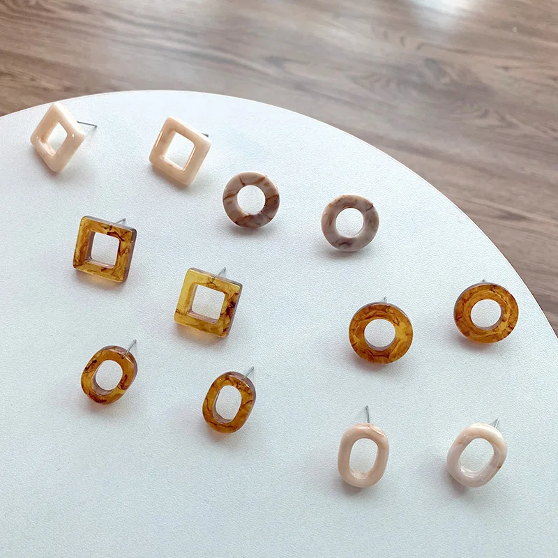 

S925 Needles Geometric Stud Earrings for Women Vintage Resin Earring Amber Cream Color Ear Studs Charm Jewelry Accessories