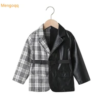 newest fashion girls long sleeve plaid patchwork pu single breasted top coat children jacket kids baby leather outwear 2 7y