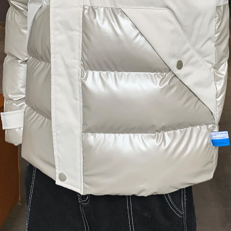 2022 Winter Nieuwe Streetwear Glossy Mannen Hooded Parka Koreaanse Mode Patchwork Big Pocket Glimmende Jas Man