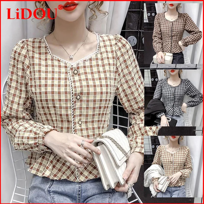 Women's Clothing Spring New Temperament Small Fragrance Square Collar Plaid Print Long Sleeve Shirt Versatile Slim Bottom Shirt