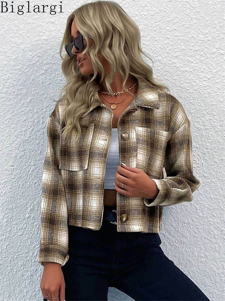 

2022 Autumn Winter New Plaid Cropped Jacket Coat Women Modis Casual Vintage Ladies Womens Long Sleeve Print Jacket Cardigan