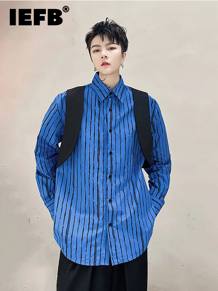 

IEFB Stripes Collision Color Stitching Long-sleeved Men's Casual Shirt 2022 Spring New Lapel Single-breasted Shirts 9A1351