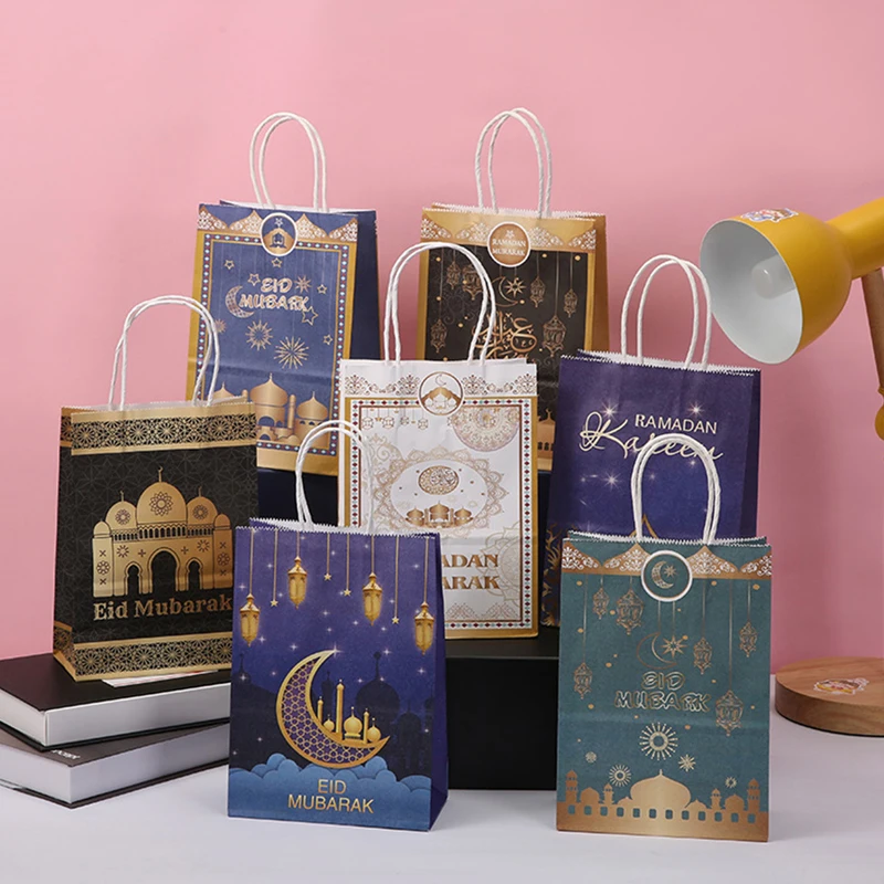 

6pcs Eid Mubarak Paper Gift Bags Ramadan Favor Bag for Party Supplies Gift Goody Treat Candy Bags Muslim Kraft Decor 15*21*8cm