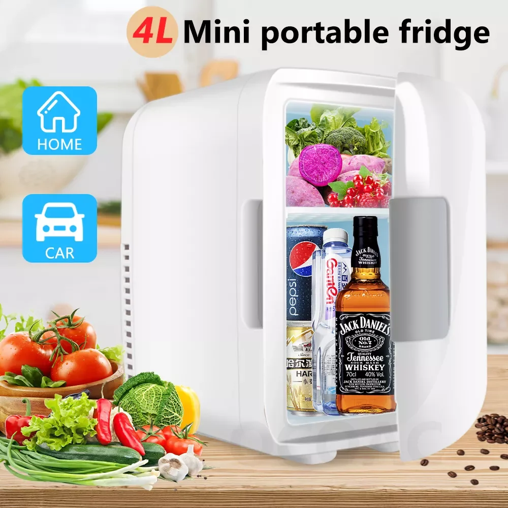 

Mini Fridge 4L Portable Kitchen Small Refrigerator 12V/220V For Car Camping Skincare Auto Freezer Cooler Warmer Dual Use