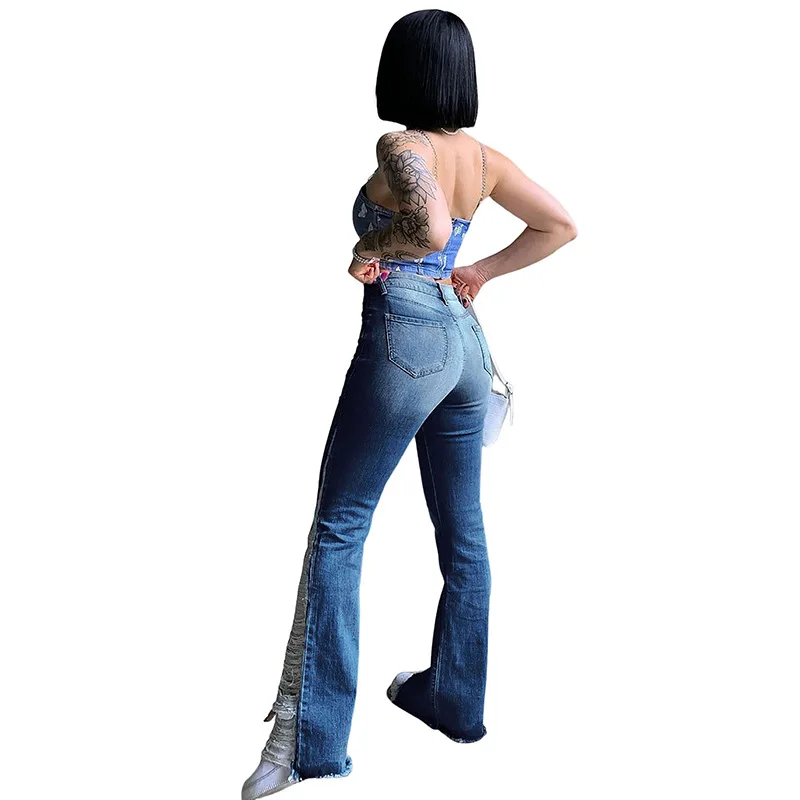 LXUNYI 2023 Spring Summer New Hole Hole Jeans Mujer High Stretch Flare Ragged Pants Women Ripped  Fringed Denim Trousers