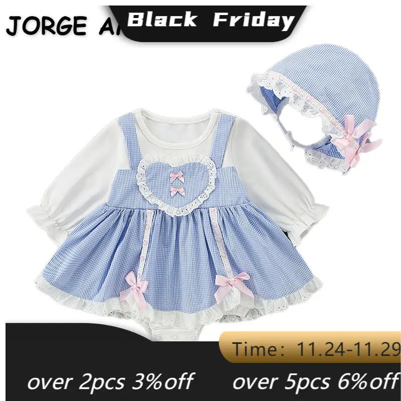

Lolita Style Spring Baby Girl Bodysuit Round Collar White Blue Patchwork Long Sleeves Bow Jumpsuit with Cap Infant Clothes E6360