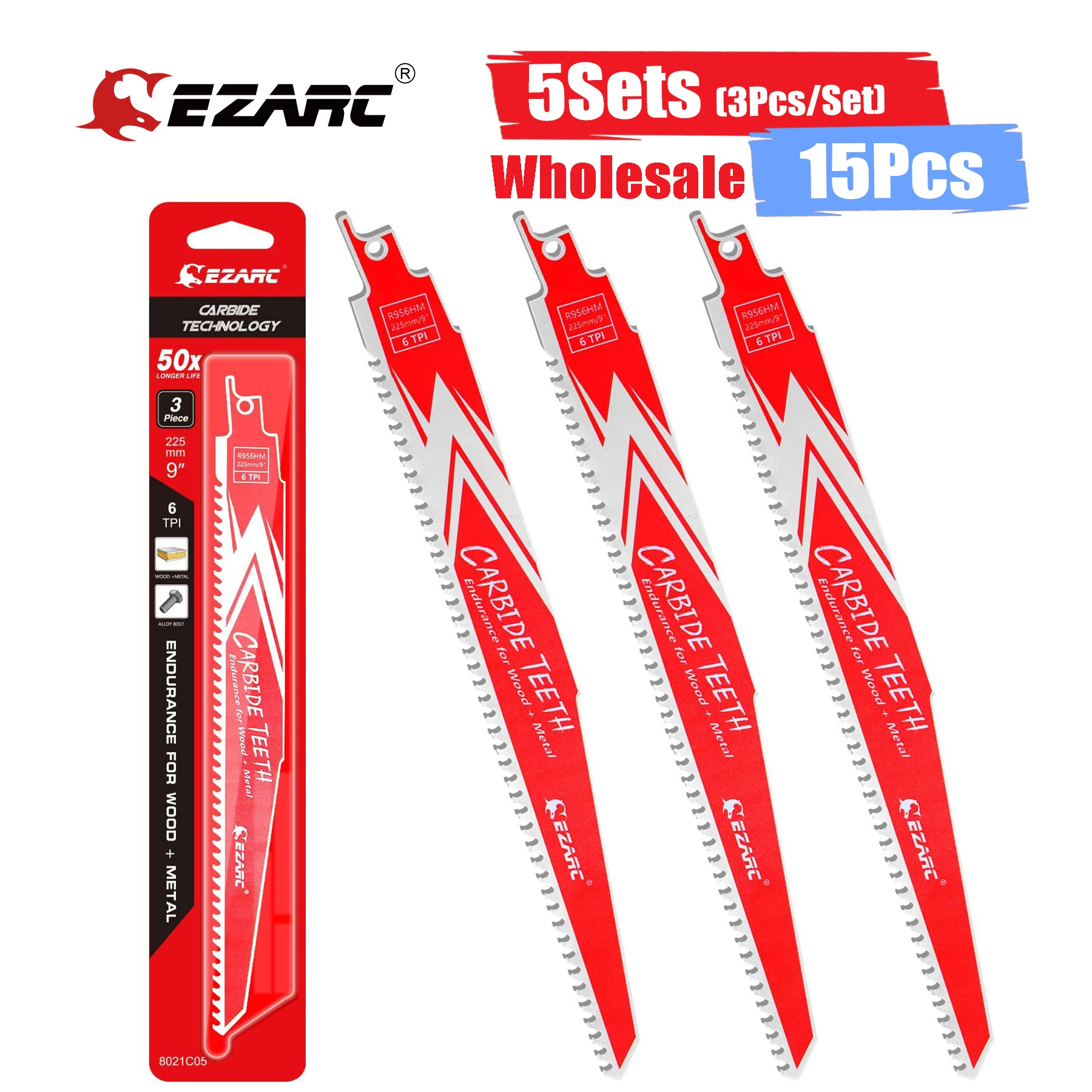 EZARC 5Sets 3Pcs/Set Carbide Reciprocating Saw Blade for Wood, Metal, Multi-Purpose Demolition Blades 150mm(6'') 225mm(9'') 6TPI