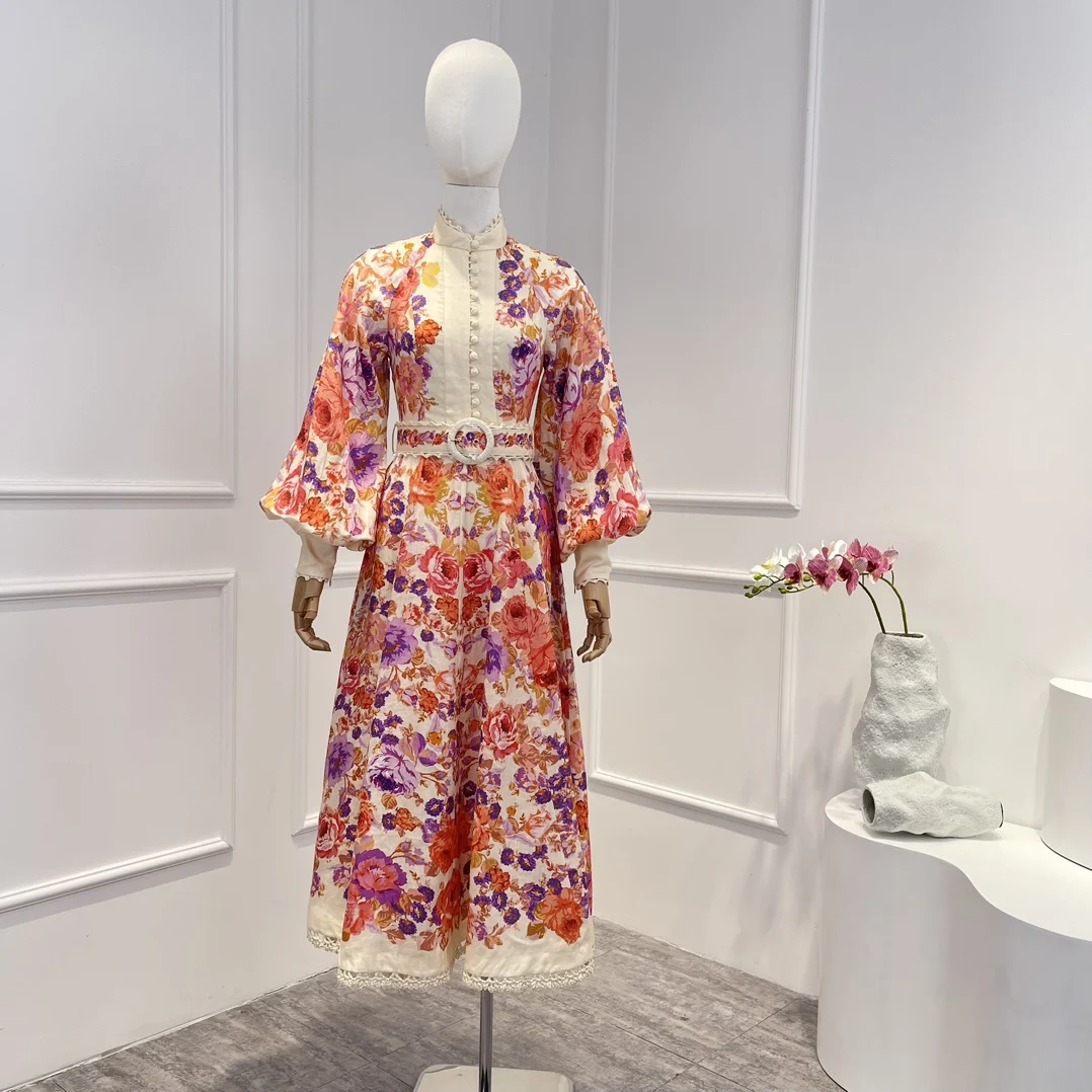 

2023 Top Quality Latest Collection Spring Autumn Pink Floral Printing Hook Flower Hollow Patchwork Midi Dress Women
