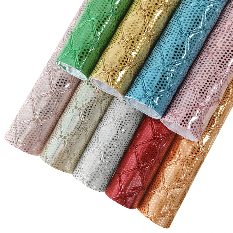 

XHT-433004 Mirror Holographic Metallic Gold Dot Foiled RTS High Quality Artificial Leather Fabric for Making Bag Sofa