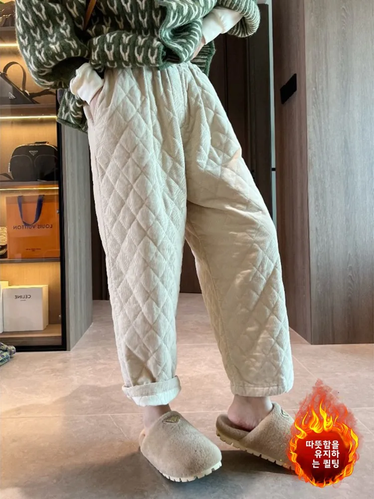 Plus Size Artistic Solid Corduroy Rhombus Quilted Warm Pants Plus size women clothing Elastic Waist Casual Slim Wide Le...