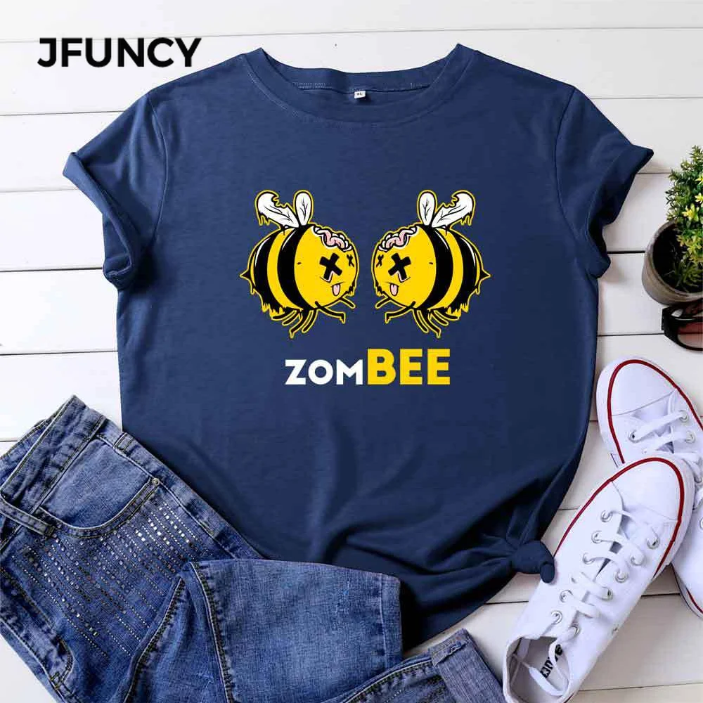 JFUNCY  Women's T-shirts 100% Cotton O-Neck Short Sleeve Women Summer Tops Cartoon Bee Print Casual T Shirt Female Tees