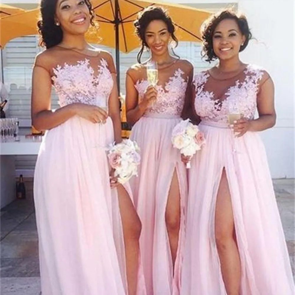 

Sexy Blush Pink Bridesmaid Dresses Sheer Jewel neck Lace Appliques Maid of Honor Dresses Split Formal Evening Gowns Custom