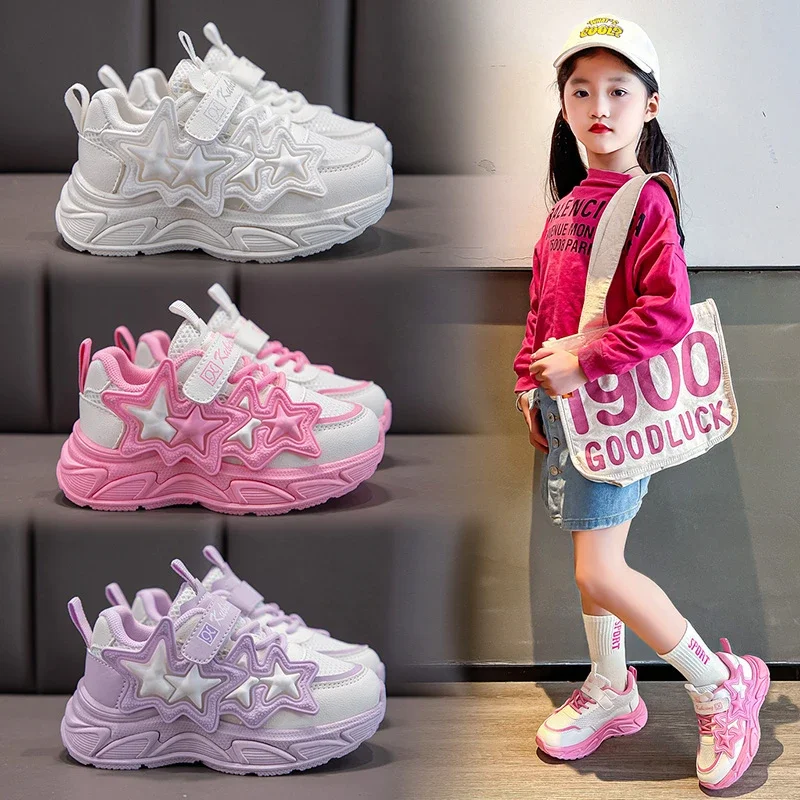 Girls Running Shoes Fashion Classic Kids Casual Sneakers Children Sports Air Mesh with Stars Breathable 2024 Spring Summer