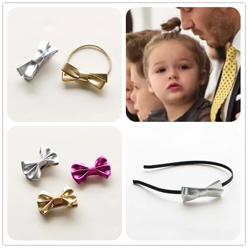 

Children Girl Hair Accessories Clip Hairpins Leather Bow Barrettes Gold And Silver Color Headwear Flower Party Princess