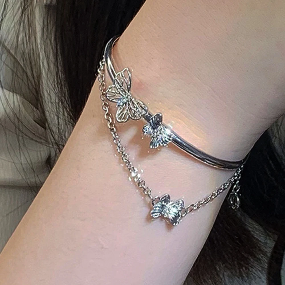 

New 3D Hollow-out Butterfly Bracelet Exquisite Silvery Butterfly Pendant Double-deck Chain for Women Girl Jewelry Accessories