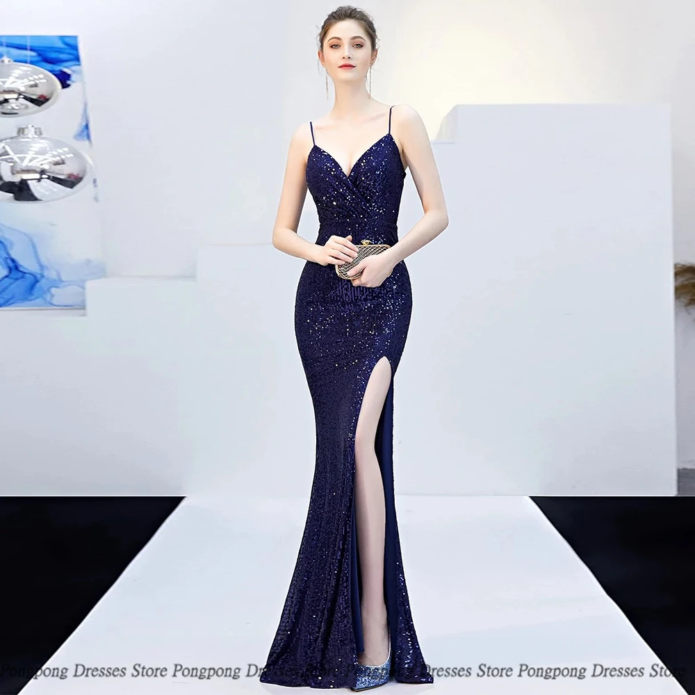 

High Quality Mermaid Evening Dresses Spaghetti Paillette Sequin Open Back Sleeveless Party Glitter Women Dress Vestidos De Fies