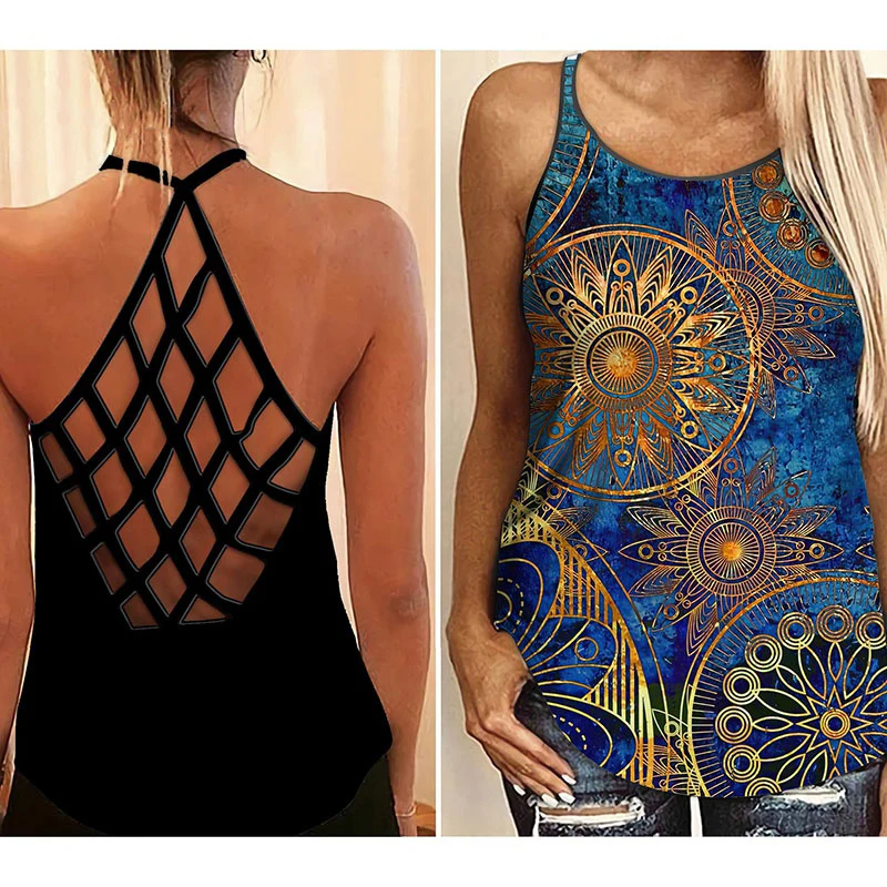 

Hippie Mandala Cross Open Back Camisole Tank Top Sleeveless Shirt Summer Vest Shirt Casual Tank Tops