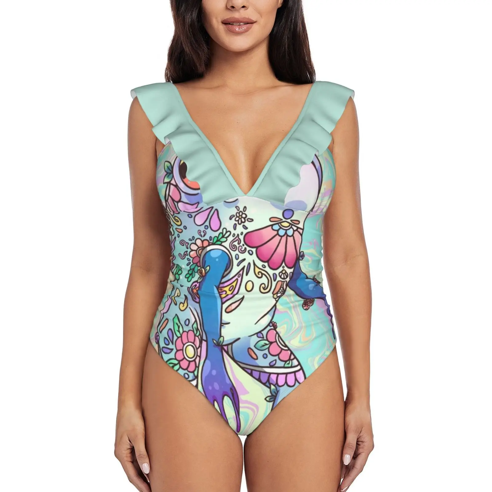 

Новый купальник с принтом пастель, лягушка, купальник с глубоким V-образным вырезом и оборками, Цельный купальник, пляжная одежда, монокини, ...