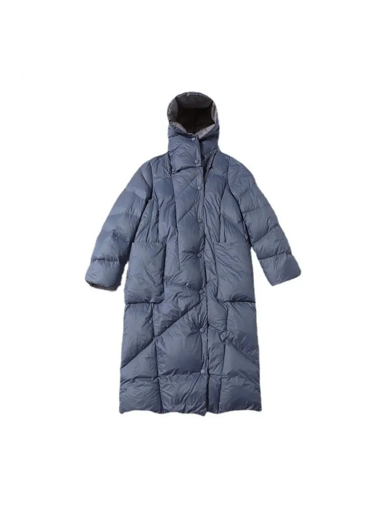 2022 Winter Hooded Thick Fashion Loose Cocoon Blue Long 90 White Duck Down Coats Women Black Warmer Bread Jackets