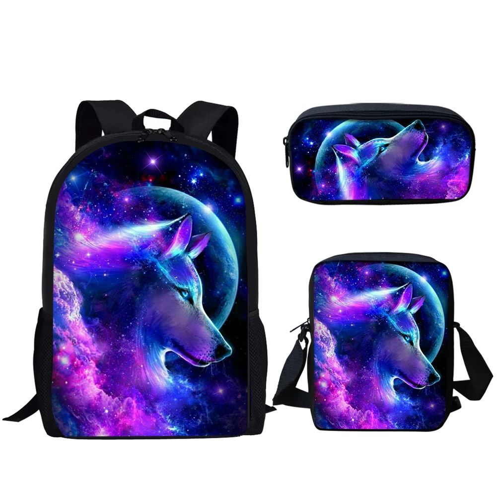 Belidome Print 3Pcs School Bags Galaxy Wolf Bookbag for Teen Boys Girls Casual Backpack for Student Schoolbag Mochila Infantil