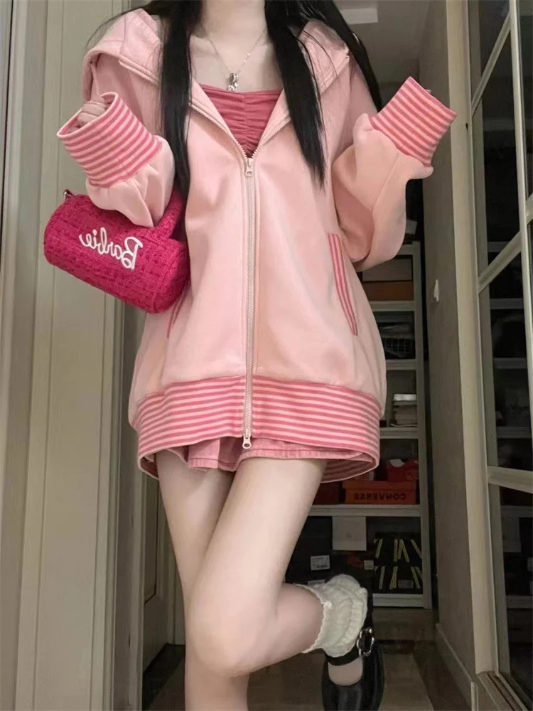 Y2k Women Korean Streetwear Aesthetics Kawaii Pink Zipper Jacket Harajuku Cartoon Zip Up Sweatshirt Japanese Egirls Tops Clothes