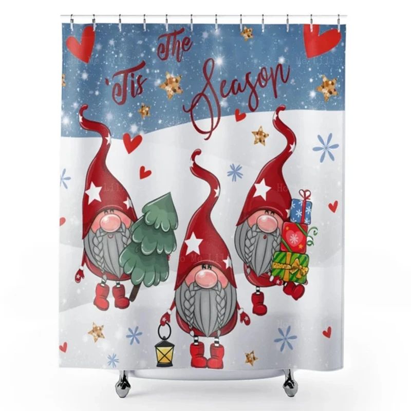 

Christmas Gnomes Shower Curtain Happy Holidays Watercolor Plaid Leopard Print Snowflakes Waterproof Bathroom Toilet Decor