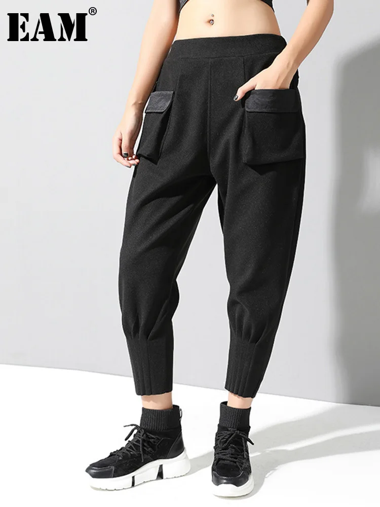 

[EAM] длинные штаны-шаровары с высокой эластичной талией и черными карманами, новинка, свободные брюки для женщин, модные весенне-осенние 2023 ...