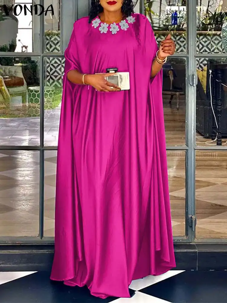 

Women Party Maxi Dress 2023 VONDA Fashion Satin Sundress Bohemian Round Neck 3/4 Bat Sleeve Vestidos Summer Robe Oversized