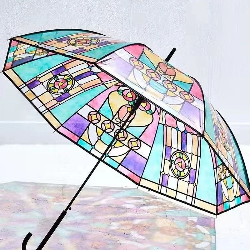 

2022 Transparent Umbrella Retro Palace Style Stained Glass Long Handle Automatic Dream Sunny Ins Net Red Clear Umbrella Academy