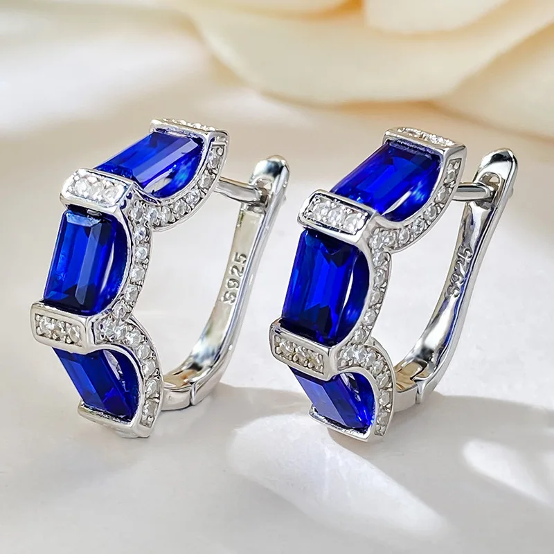 Серебряные серьги S925 синие с бриллиантами роскошные изумрудной огранкой простые