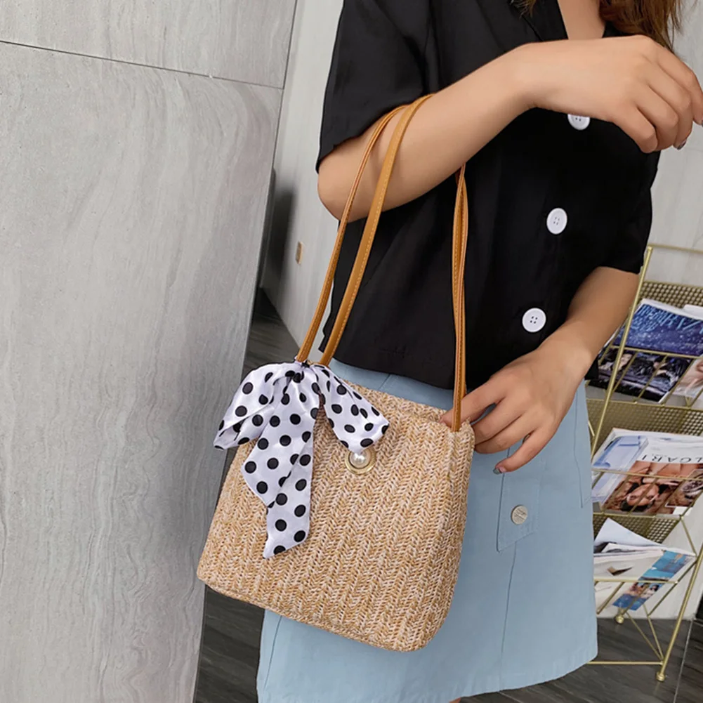 

2022 Summer New Bow Straw Woven Handbags For Women Woven Bag Portable Beach Bag Single Shoulder Messenger Pearl Bag