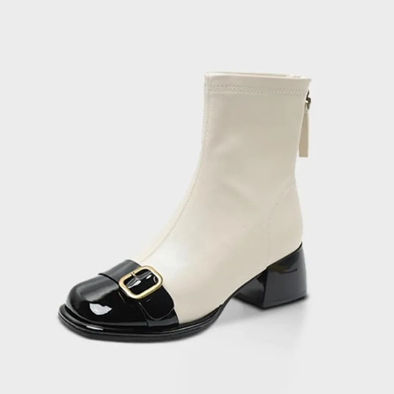 Женские ботинки на низком квадратном каблуке, с круглым носком