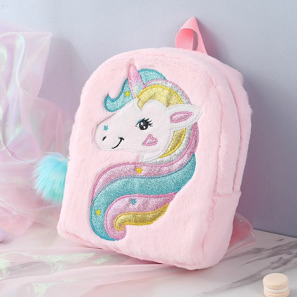 New Embroidered Unicorn Cartoon Plush Backpack Large Capacity Girls Backpack Kindergarten Cute School Bag backpacks images - 6