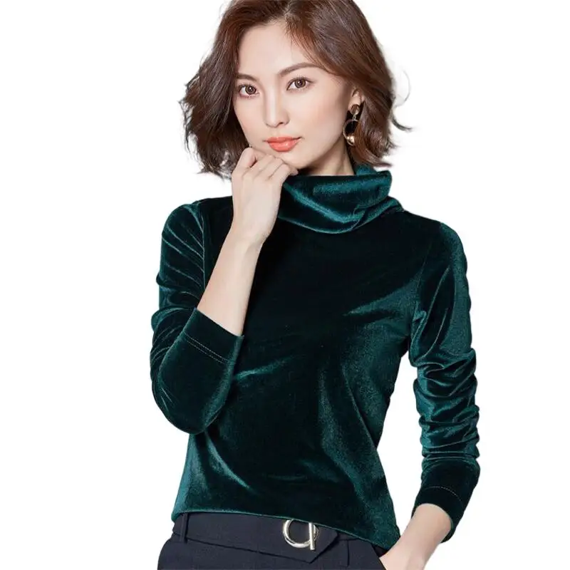 

Женская бархатная водолазка, однотонная Повседневная велюровая блузка золотого цвета с высоким воротником, 11 цветов, Осень-зима 2023