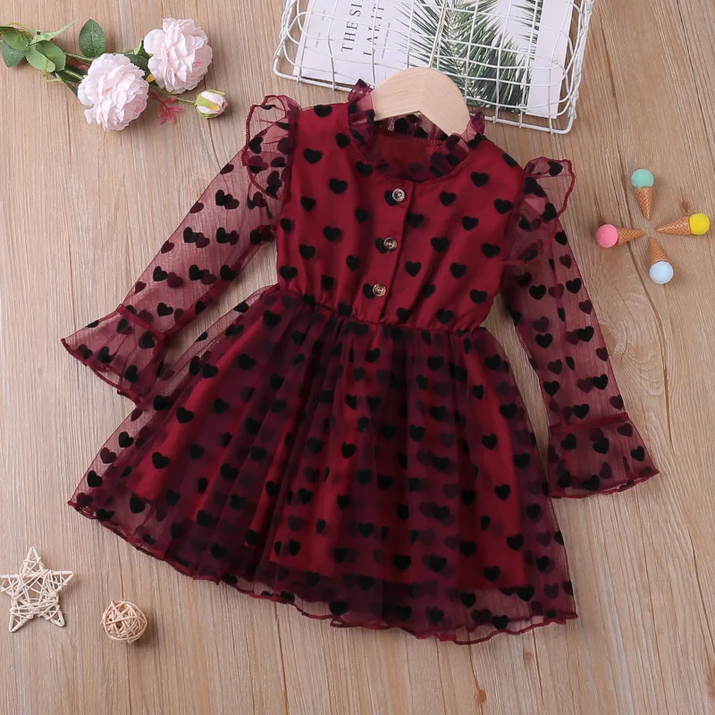 Humor Bear 2023New Girl Long Sleeve Dress Spring Autumn Summer Mesh Yarn Heart Printed Princess Party Dress Kid Clothes For 2-6Y