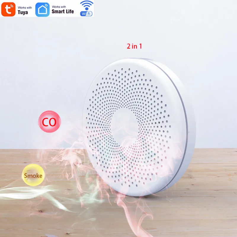 

Tuya WIFI 2 in 1 Smoke Carbon Monoxide Combo Detector CO Smoke Alarm Sensor with LED Indicator,AA Battery Power