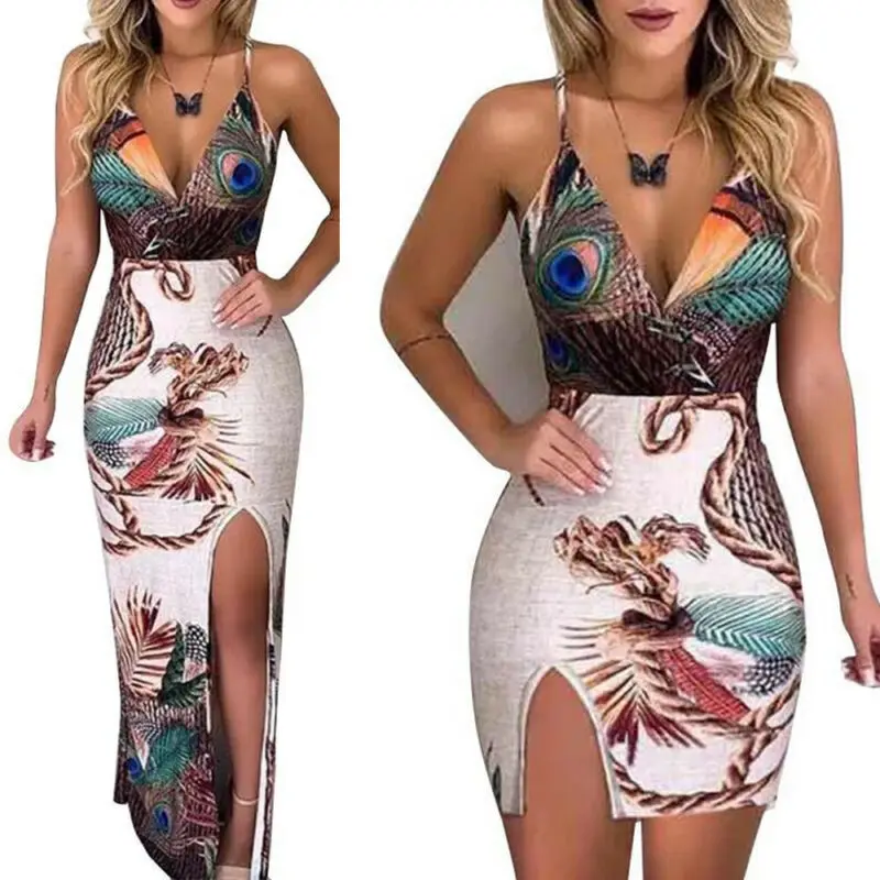 

2023Summer Elegant Women Sling V Neck Peacock Feather Print Split Pencil Dress Female Bodycon Mini Short Vestidos Beach Sundress